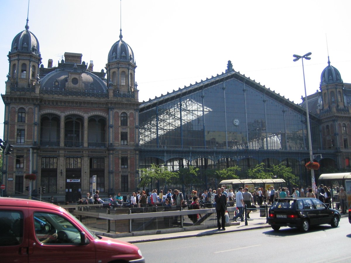 Budapest Nyugati railway station exterior with historic architecture and busy street