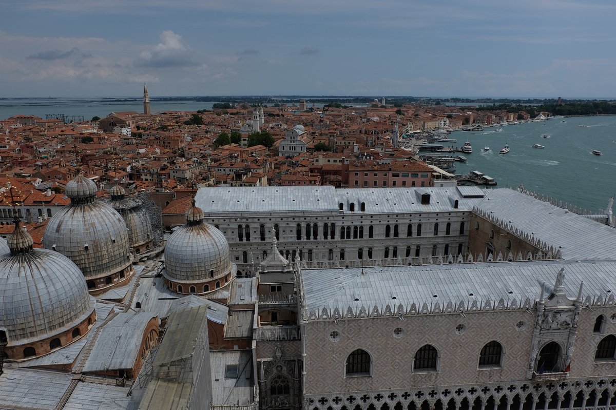 Aerial view of the Island City of Venice, Italy with its canals and buildings