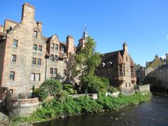 Historical buildings along the Leith River in Dean Village, Edinburgh on a clear day