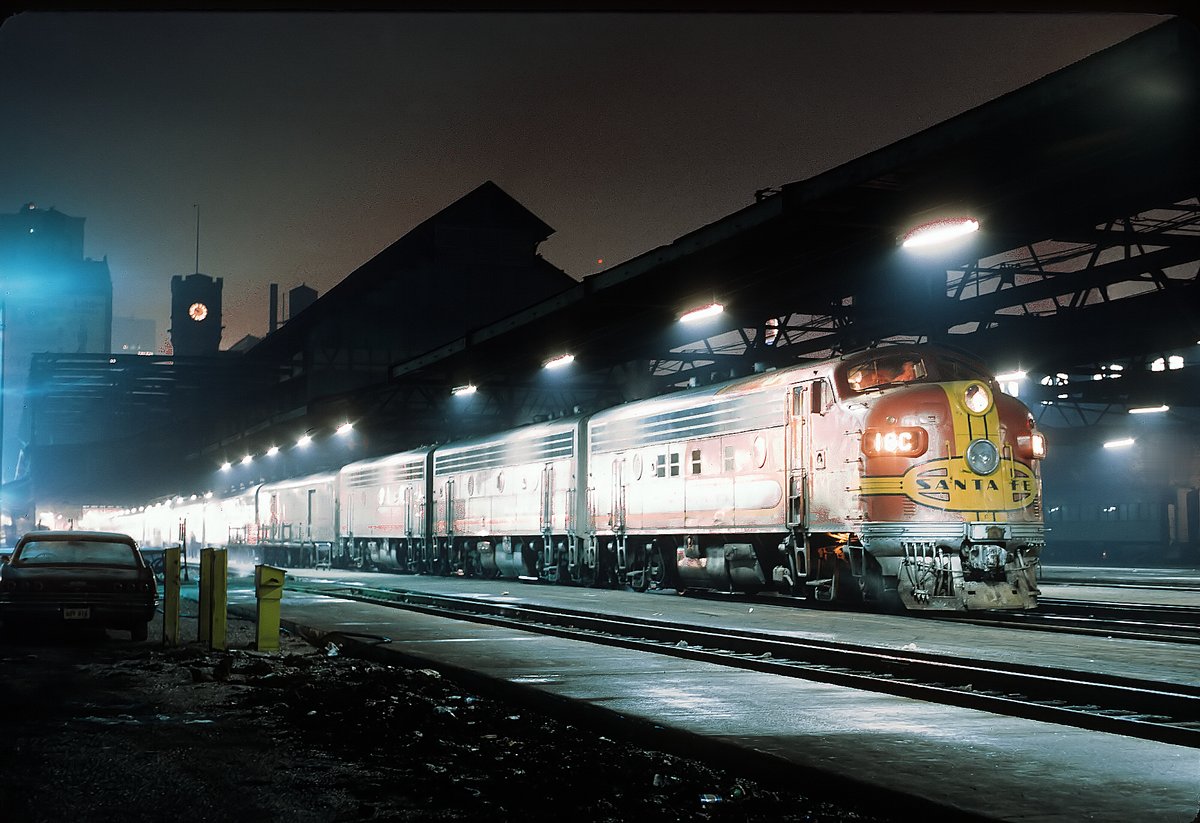 ATSF 16C F3A diesel locomotive with The Kansas City Chief train at Dearborn Station Chicago Illinois February 5 1968