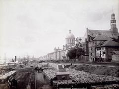 Bonsecours Market and wharves with Bonsecours Church on the right side, Montreal