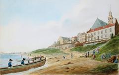 Watercolour painting of Montreal riverfront in 1830 with Notre-Dame-de-Bon-Secours Chapel