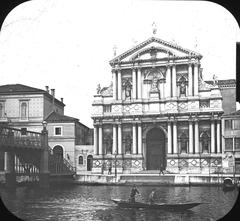 Chiesa degli Scalzi church exterior with old Austrian iron bridge in Venice Italy