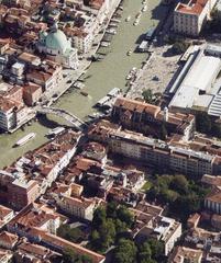 Aerial view of Scalzi neighborhood with buildings and streets
