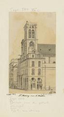 Antique drawing of Saint-Merry church and surrounding streets in Paris