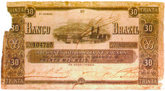 30 Réis banknote issued by Banco do Brasil in 1856 depicting Rio de Janeiro harbor and nearby buildings with Banco do Brasil emblem