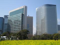 View of Caretta Shiodome and Conrad Tokyo from Hamarikyu Gardens in Tokyo