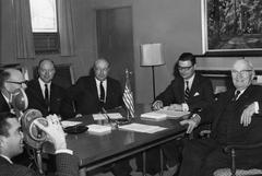 Representatives of President Lyndon B. Johnson briefing former President Harry S. Truman at Harry S. Truman Library