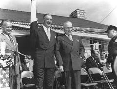 Groundbreaking ceremony at Harry S. Truman Library with Robert B. Landry, Senator Stuart Symington, former President Harry S. Truman, Edwin Pauley seated, and Mike Westwood