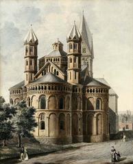Colored lithograph of St. Aposteln church in Cologne showing detailed architecture and historic surroundings