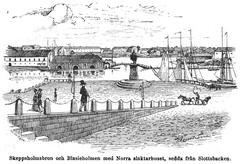 Historical illustration of Skeppholmsbron and Norra Slaktarhuset in Blasieholmen, Stockholm, from 1895