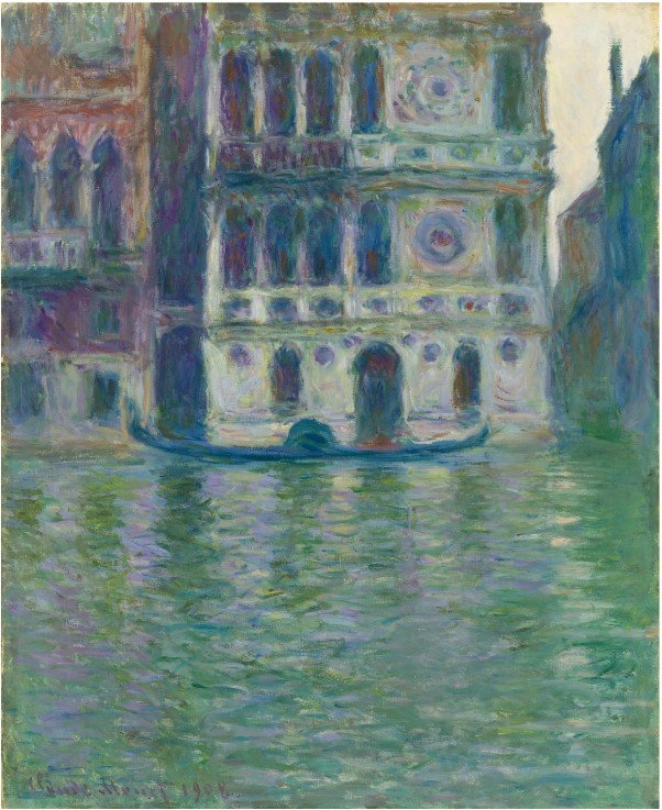 Oil painting of Palazzo Dario by Claude Monet showing Venetian Gothic architecture reflected in canal water