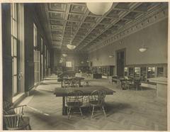 Main reading room of the Detroit Public Library with high ceilings and classic architecture