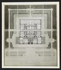 Architectural drawing of the second floor plan for The Detroit Public Library competition