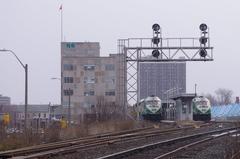 GO Transit trains parked at Hamilton GO Centre station awaiting morning commute