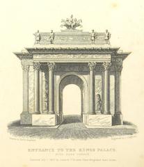 Original design engraving of Wellington Arch at Hyde Park Corner with full sculptures including reliefs and warrior statues