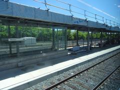 View from train window showing railway tracks and greenery on a trip from Union to Pearson