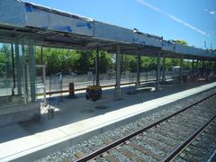 View through the left window of a vehicle traveling from Union to Pearson with roads and greenery visible