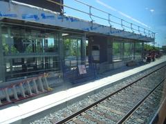 View through a train window showing green landscape and railway tracks on a trip from Union to Pearson