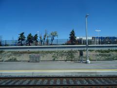 View of railway tracks and greenery through the left window during a trip from Union to Pearson