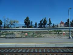 View through left window on a train journey from Union Station to Pearson Airport with cityscape and sky visible