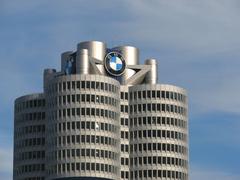 BMW headquarters building in Munich with a modern architectural design under a blue sky