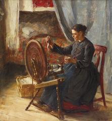 Painting of a woman spinning yarn