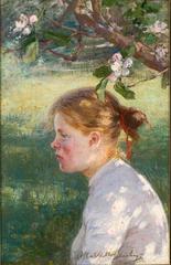 Under the apple tree painting by Elin Danielson-Gambogi showing a woman sitting under an apple tree with green foliage