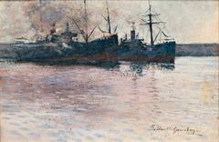 Ships in Livorno Harbour painted by Raffaello Gambogi in 1894