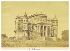 Dilkoosha hunting-box country-seat ruins surrounded by greenery with a large central water tank in Lucknow