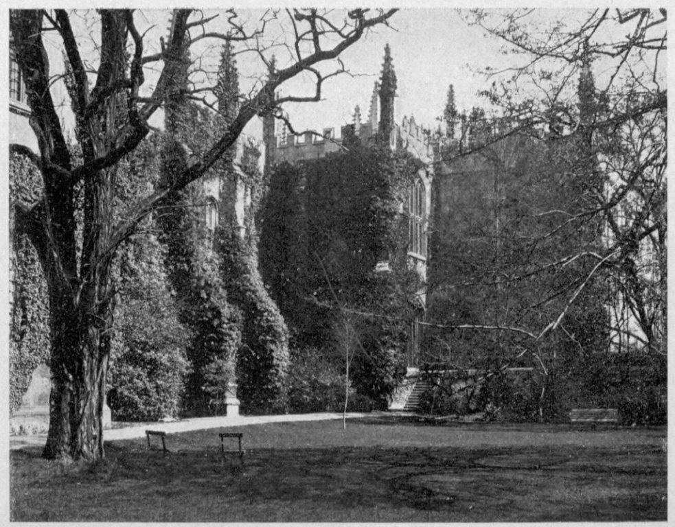 Exterior view of Divinity School from Exeter Gardens with intricate gothic architecture and greenery
