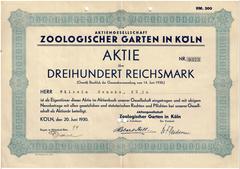 Historic share certificate of Zoologische Garten Cologne issued in 1930