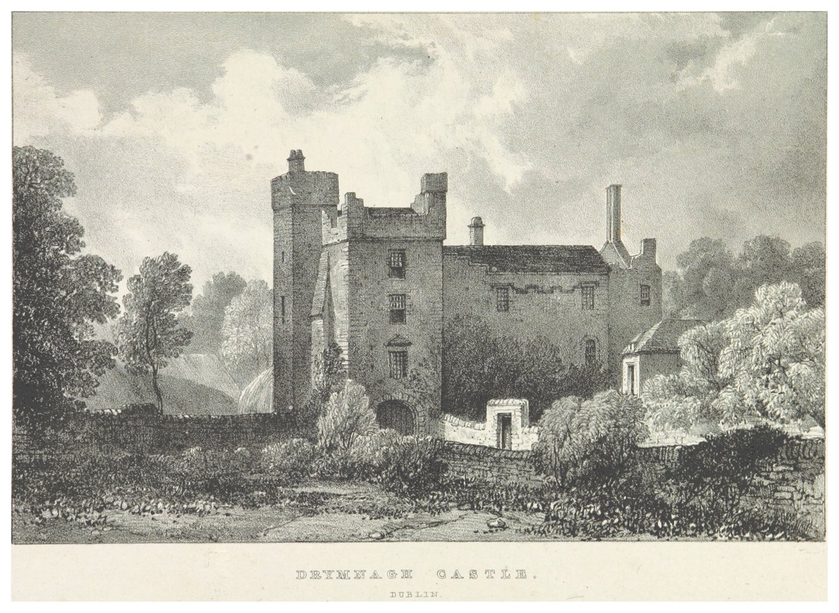 Historic illustration of Deymnagh Castle in Dublin from 1830