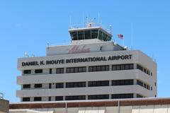 Daniel K. Inouye International Airport air traffic control tower in 2025 from eastern concourse to E gates