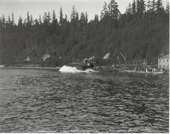 The fireboat Duwamish hitting the water for the first time