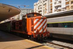 Intercity train shunting operations at Santa Apolonia station in Lisbon, Portugal