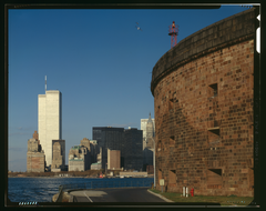 Lower Manhattan skyline viewed from Governors Island with Castle Williams fort visible