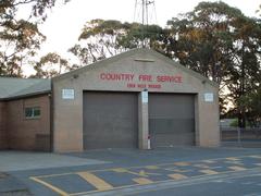 Eden Hills Country Fire Service Station building in South Australia with fire trucks parked outside