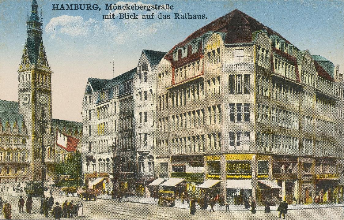 View of Mönckebergstraße street in Hamburg with Rathaus (City Hall) in background