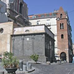 Cappella dei Pontano and bell tower of Santa Maria Maggiore church in Naples, Italy