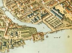 Stockholm Central Station with Klara Lake and Eldkvarn Mill in historical Heinrich Neuhaus panorama from 1870