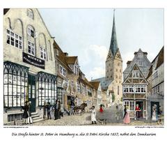 Historic street view behind St. Petri church in Hamburg with cathedral curiae buildings, drawn by Christoffer Suhr and lithographed by Peter Suhr