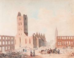 Watercolor painting of St. Petri and St. Jacobi churches after the great Hamburg fire of 1842 by Adolf Besemann