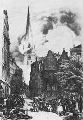 Burning St. Petri Church in Hamburg on May 7, 1842, viewed from the Fish Market
