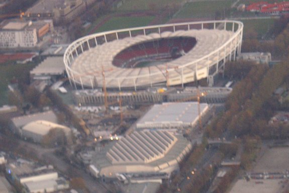 Aerial view of Daimlerstadion, Schleyerhalle, and Porsche-Arena in Stuttgart, Germany