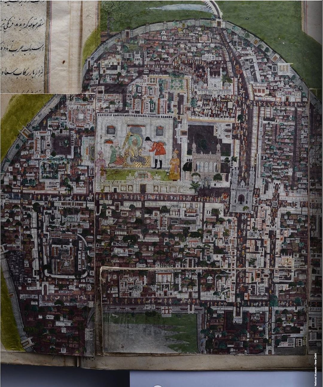 Historical map of Hyderabad from the early 1800s with west facing up, featuring landmarks like Charminar, Mecca Masjid, Char Kaman, Gulzar Houz, City Wall gates, Nizam with British Resident, Chowmahalla Palace, and Purana Pul