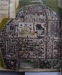 Historical map of Hyderabad from the early 1800s with west facing up, featuring landmarks like Charminar, Mecca Masjid, Char Kaman, Gulzar Houz, City Wall gates, Nizam with British Resident, Chowmahalla Palace, and Purana Pul