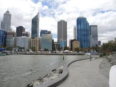 View north across Elizabeth Quay waterfront from island in Perth Western Australia