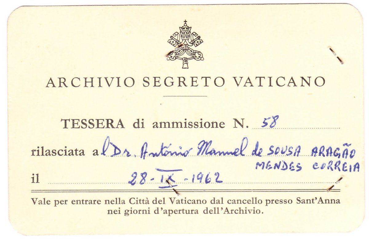 Access card of António Aragão to the Vatican Secret Archives dated 1962-1963