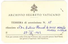 Access card of António Aragão to the Vatican Secret Archives dated 1962-1963